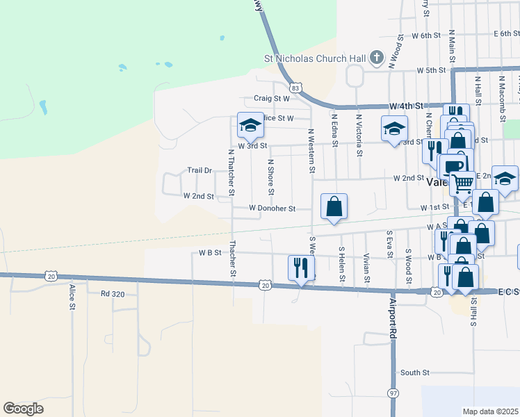 map of restaurants, bars, coffee shops, grocery stores, and more near 831 West Donoher Street in Valentine