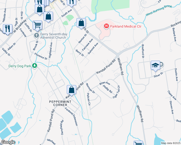 map of restaurants, bars, coffee shops, grocery stores, and more near 4 Aladdin Circle in Derry