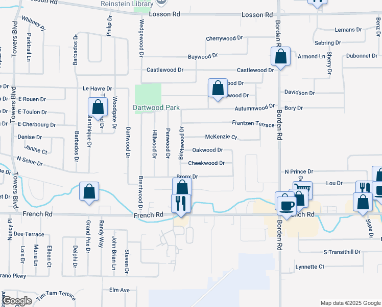 map of restaurants, bars, coffee shops, grocery stores, and more near 5 Oakwood Drive in Cheektowaga