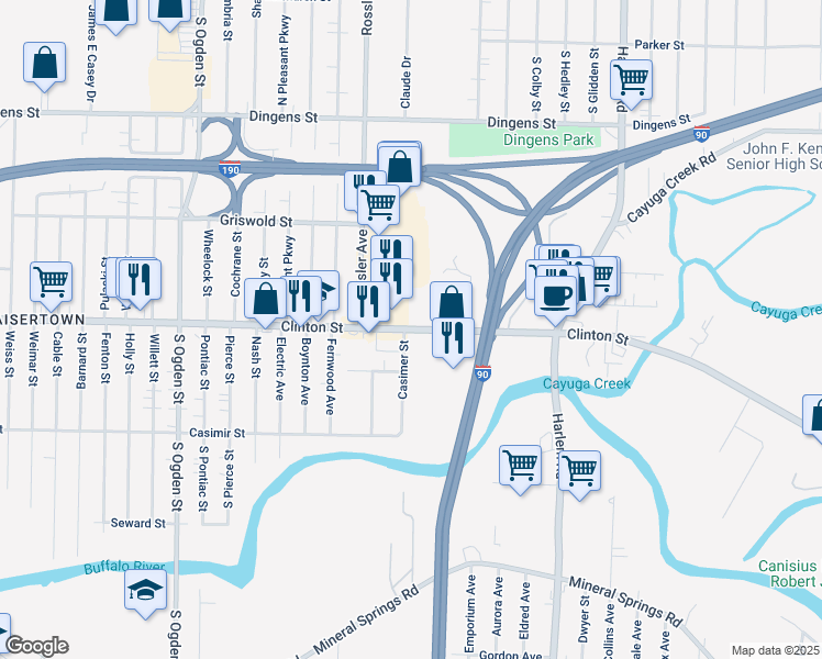 map of restaurants, bars, coffee shops, grocery stores, and more near 2253 Clinton Street in West Seneca