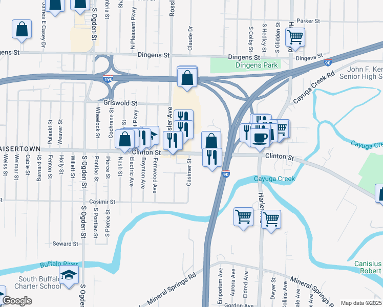 map of restaurants, bars, coffee shops, grocery stores, and more near 2253 Clinton Street in West Seneca