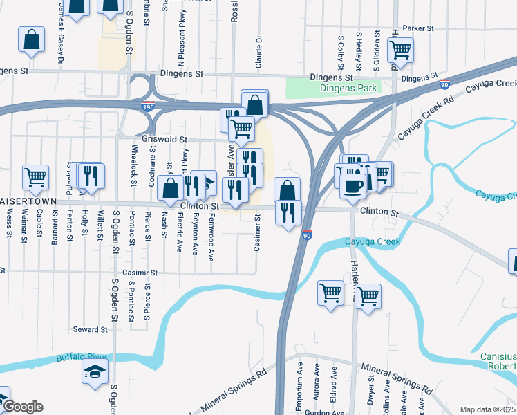 map of restaurants, bars, coffee shops, grocery stores, and more near 2253 Clinton Street in West Seneca