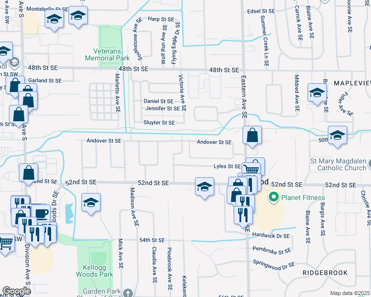 map of restaurants, bars, coffee shops, grocery stores, and more near 771 Andover Street Southeast in Kentwood