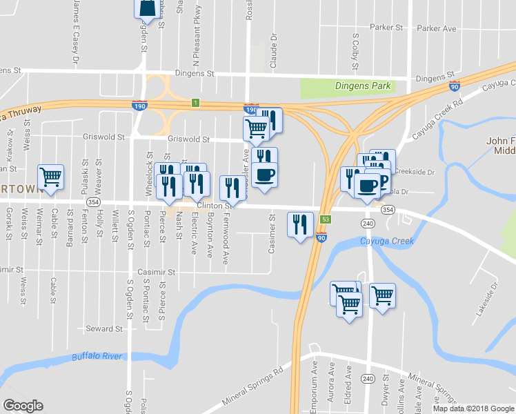 map of restaurants, bars, coffee shops, grocery stores, and more near 2245 Clinton Street in Buffalo