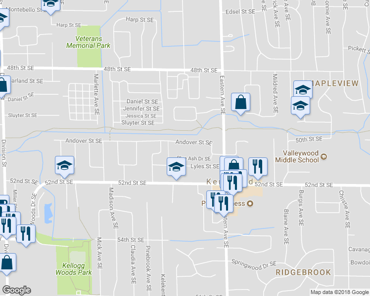 map of restaurants, bars, coffee shops, grocery stores, and more near 716 Andover Street Southeast in Kentwood