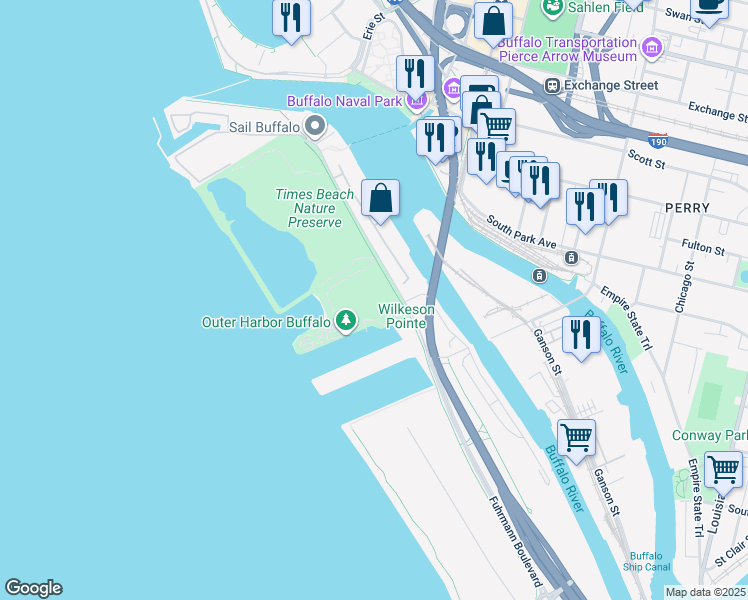 map of restaurants, bars, coffee shops, grocery stores, and more near 225 Fuhrmann Boulevard in Buffalo