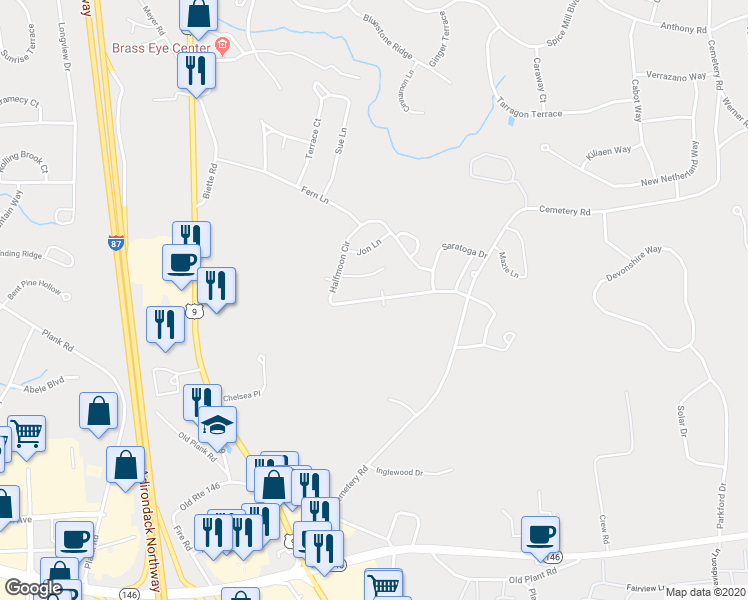 map of restaurants, bars, coffee shops, grocery stores, and more near 2 Halfmoon Circle in Saratoga County