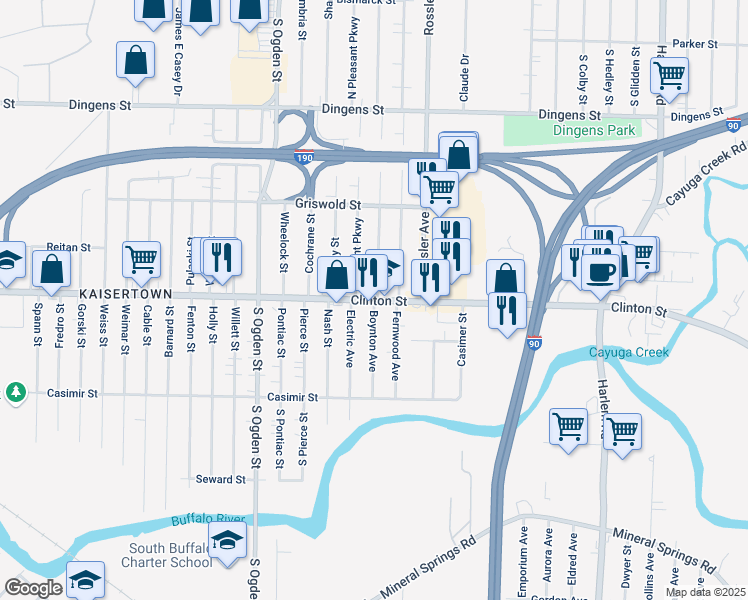 map of restaurants, bars, coffee shops, grocery stores, and more near Clinton Street & Boynton Avenue in West Seneca