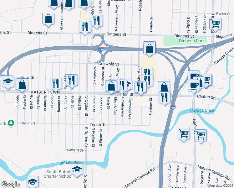 map of restaurants, bars, coffee shops, grocery stores, and more near Clinton Street & Pleasant Parkway in Buffalo