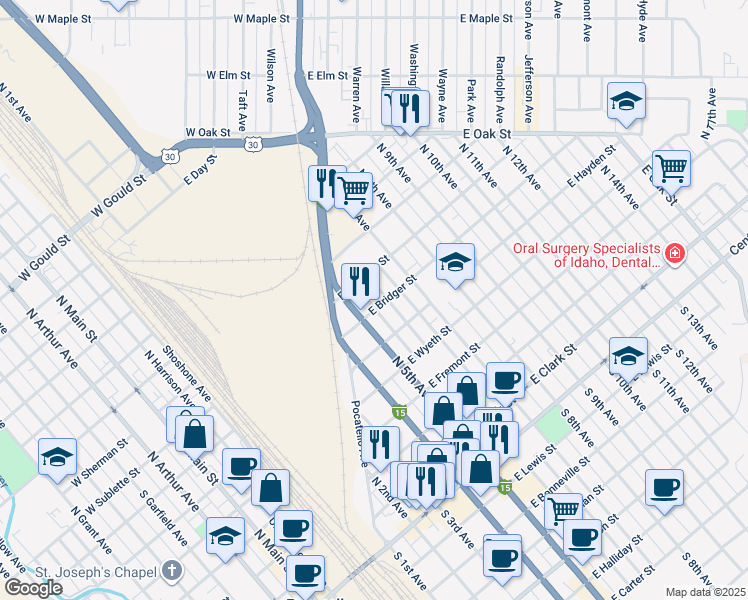 map of restaurants, bars, coffee shops, grocery stores, and more near 695 North 7th Avenue in Pocatello