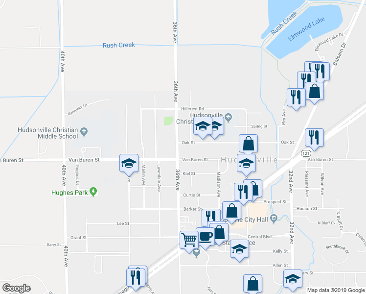 map of restaurants, bars, coffee shops, grocery stores, and more near 3576 Oak Street in Hudsonville