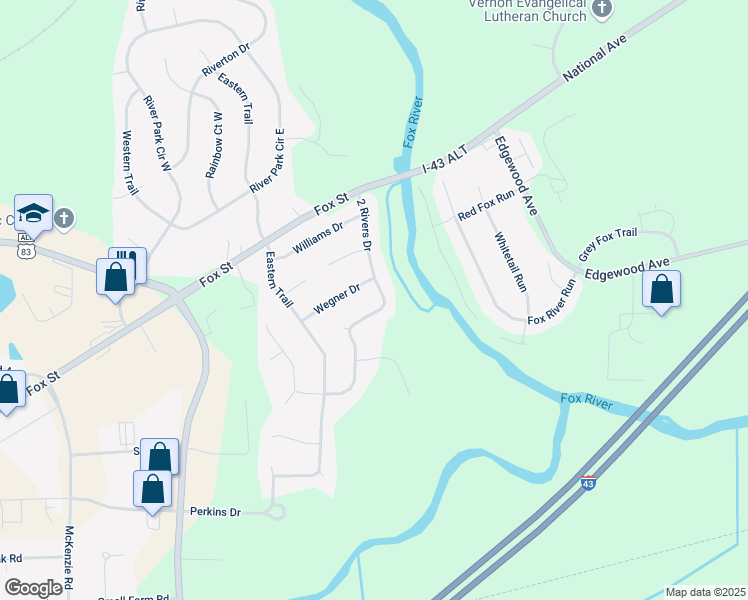map of restaurants, bars, coffee shops, grocery stores, and more near 629 2 Rivers Drive in Mukwonago