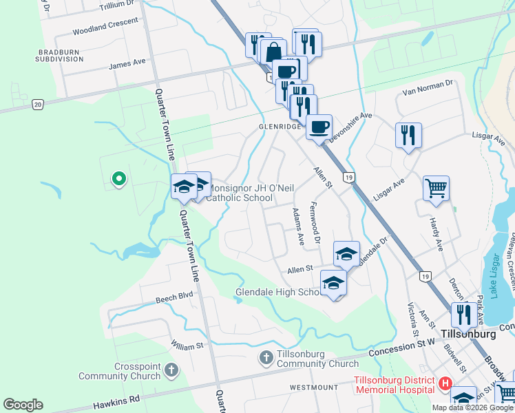 map of restaurants, bars, coffee shops, grocery stores, and more near 93 Glendale Drive in Tillsonburg