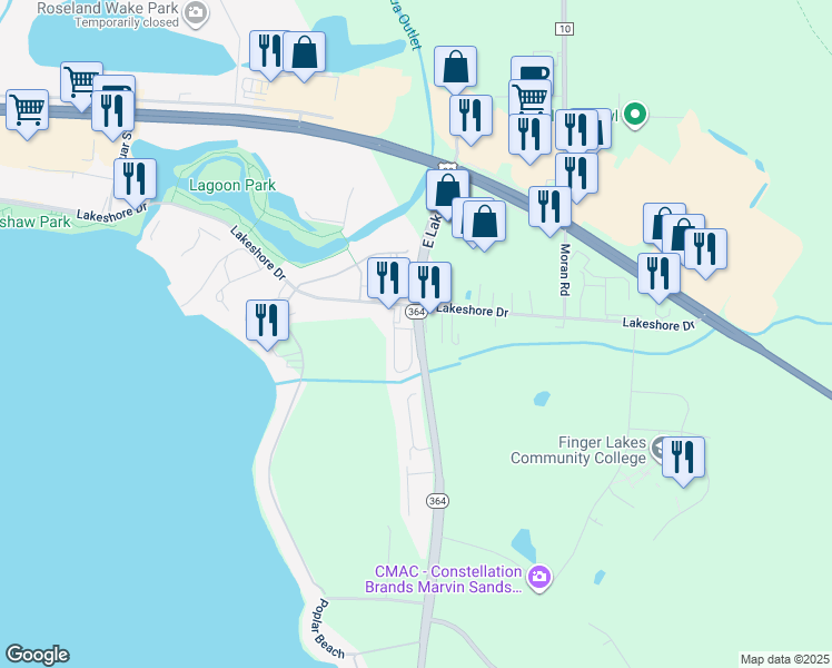 map of restaurants, bars, coffee shops, grocery stores, and more near 3260 New York 364 in Canandaigua