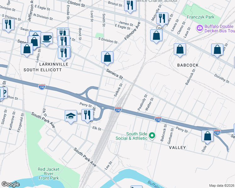 map of restaurants, bars, coffee shops, grocery stores, and more near 137 Selkirk Street in Buffalo