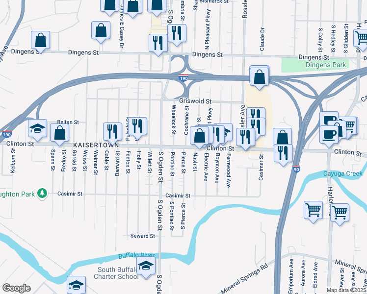 map of restaurants, bars, coffee shops, grocery stores, and more near Clinton Street & Pierce Street in Buffalo