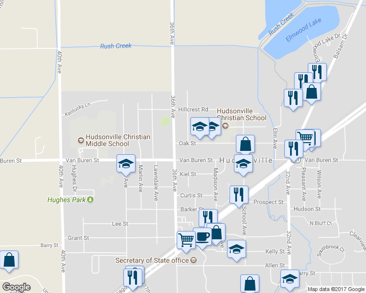 map of restaurants, bars, coffee shops, grocery stores, and more near 3576 Oak Street in Hudsonville
