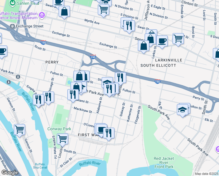map of restaurants, bars, coffee shops, grocery stores, and more near 315 Fulton Street in Buffalo