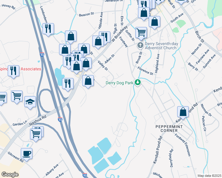 map of restaurants, bars, coffee shops, grocery stores, and more near 17 Stonegate Lane in Derry