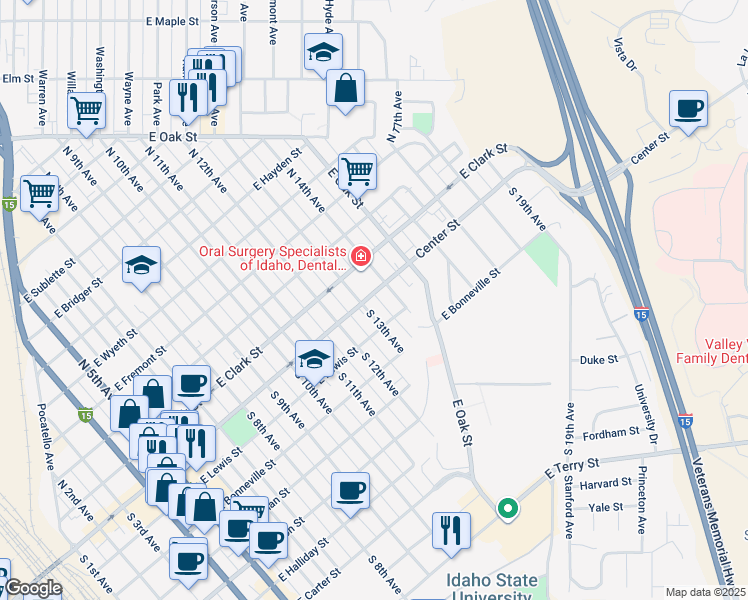 map of restaurants, bars, coffee shops, grocery stores, and more near 1423 East Center Street in Pocatello