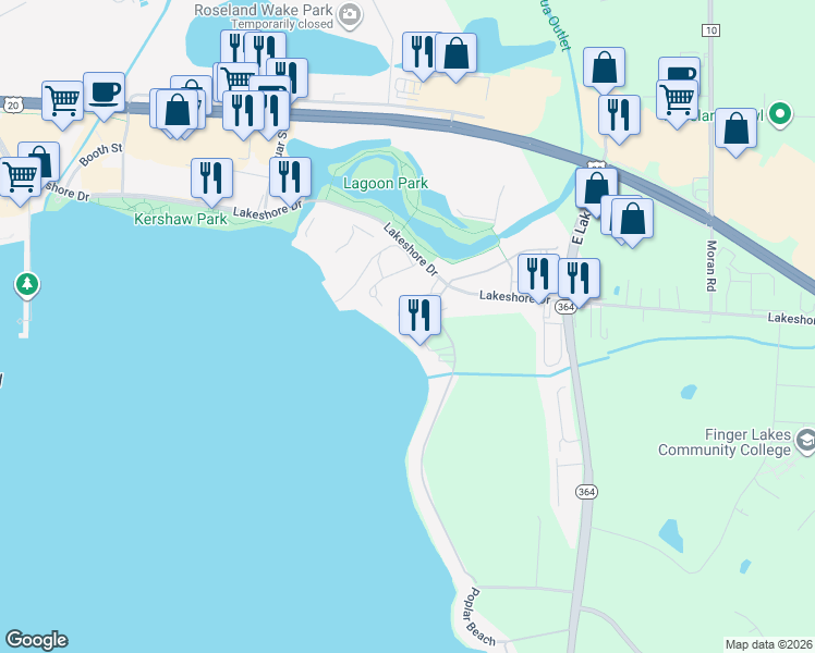 map of restaurants, bars, coffee shops, grocery stores, and more near 255 Roseland Lane in Canandaigua