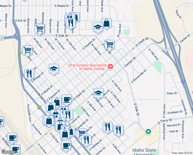 map of restaurants, bars, coffee shops, grocery stores, and more near 145 North 12th Avenue in Pocatello