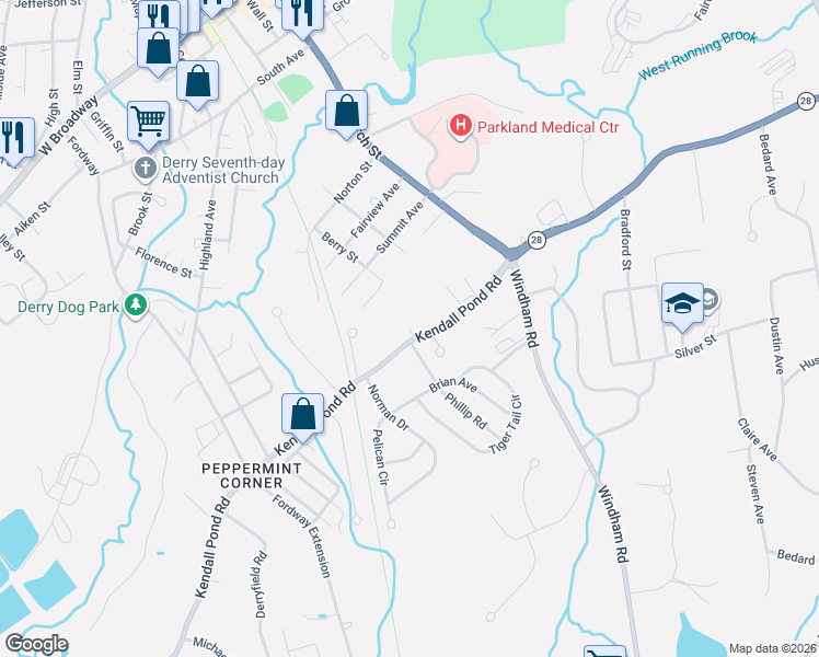 map of restaurants, bars, coffee shops, grocery stores, and more near 4 Aladdin Circle in Derry