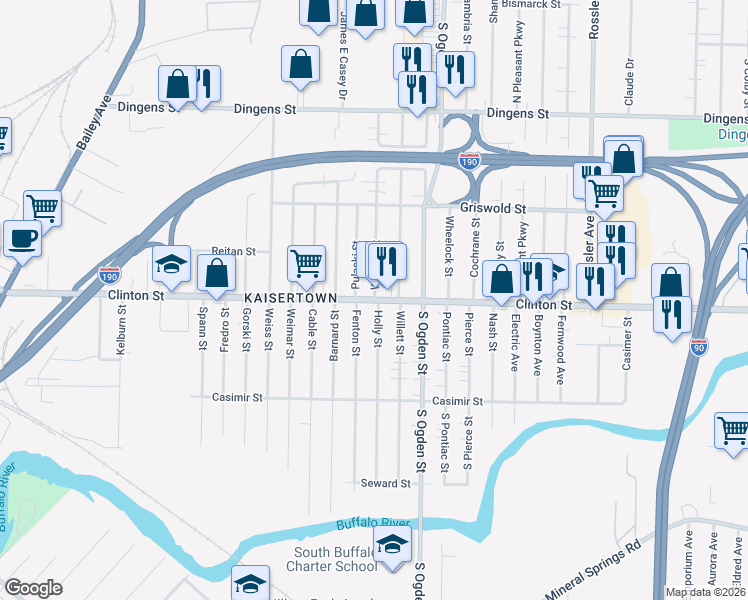 map of restaurants, bars, coffee shops, grocery stores, and more near Clinton Street & Weaver Street in Buffalo