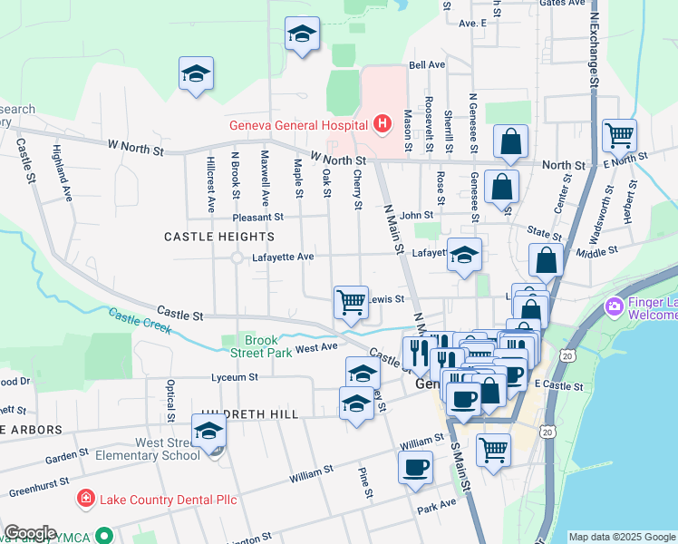 map of restaurants, bars, coffee shops, grocery stores, and more near 121 Oak Street in Geneva