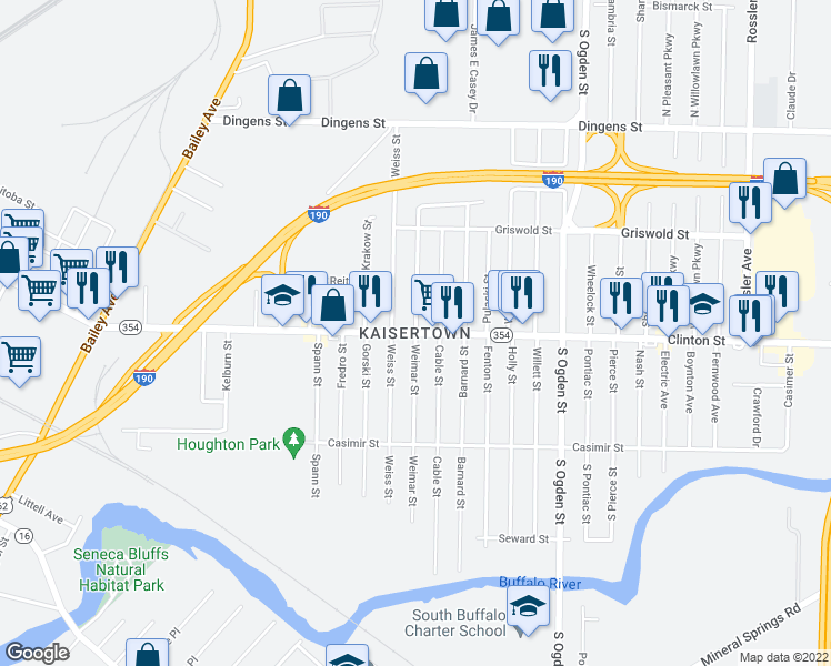 map of restaurants, bars, coffee shops, grocery stores, and more near Clinton Street & Weimar Street in Buffalo
