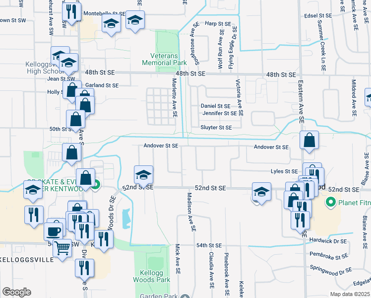 map of restaurants, bars, coffee shops, grocery stores, and more near 5089 Madison Avenue Southeast in Kentwood