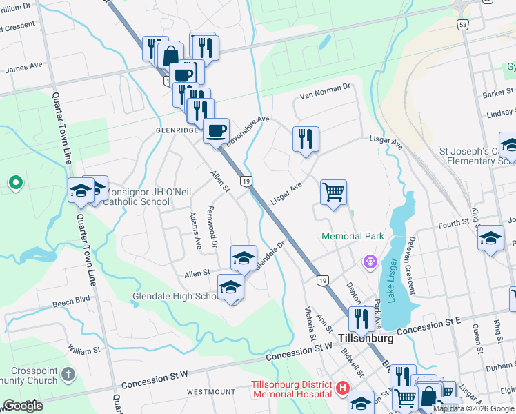 map of restaurants, bars, coffee shops, grocery stores, and more near 439 Broadway Street in Tillsonburg