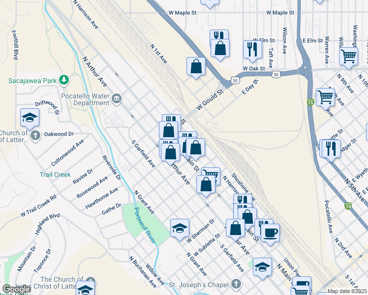 map of restaurants, bars, coffee shops, grocery stores, and more near 1304 North Main Street in Pocatello