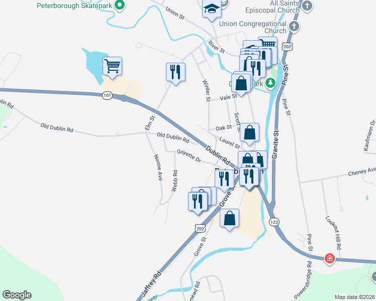 map of restaurants, bars, coffee shops, grocery stores, and more near 2 Webb Road in Peterborough