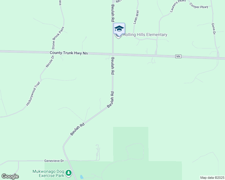 map of restaurants, bars, coffee shops, grocery stores, and more near Beulah Road in Mukwonago