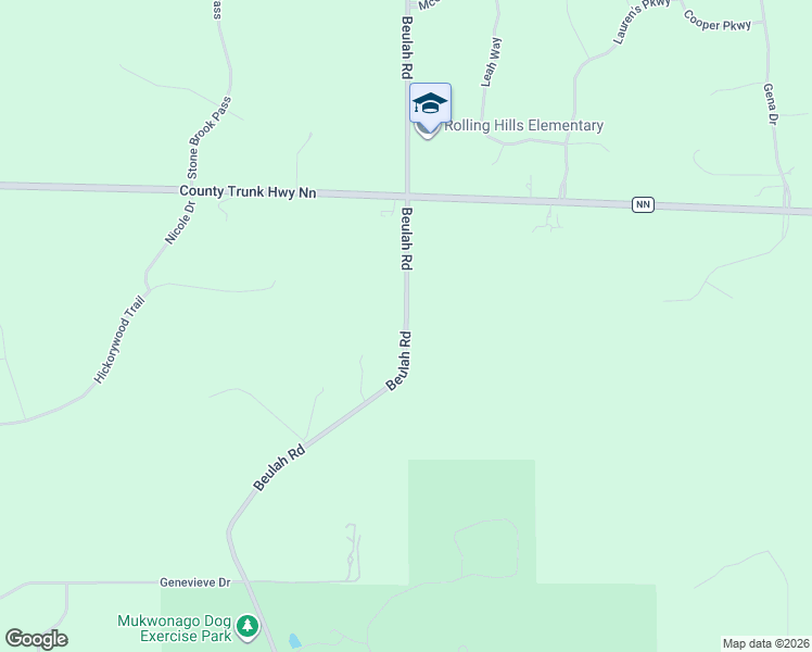 map of restaurants, bars, coffee shops, grocery stores, and more near Beulah Road in Mukwonago