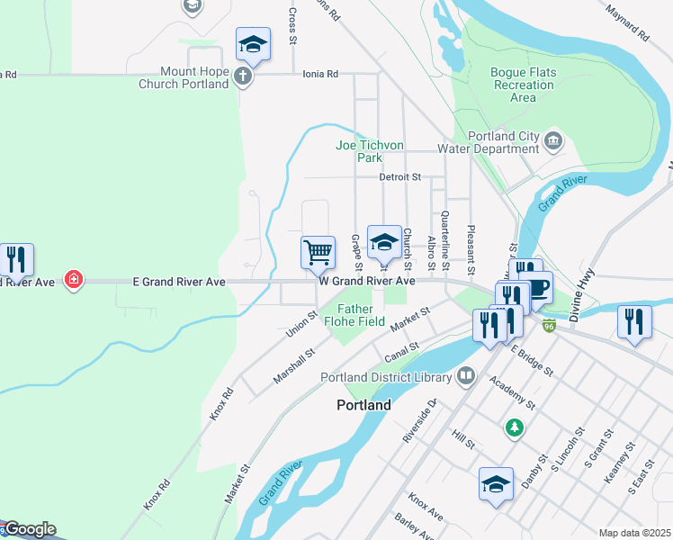map of restaurants, bars, coffee shops, grocery stores, and more near 751 West Grand River Avenue in Portland