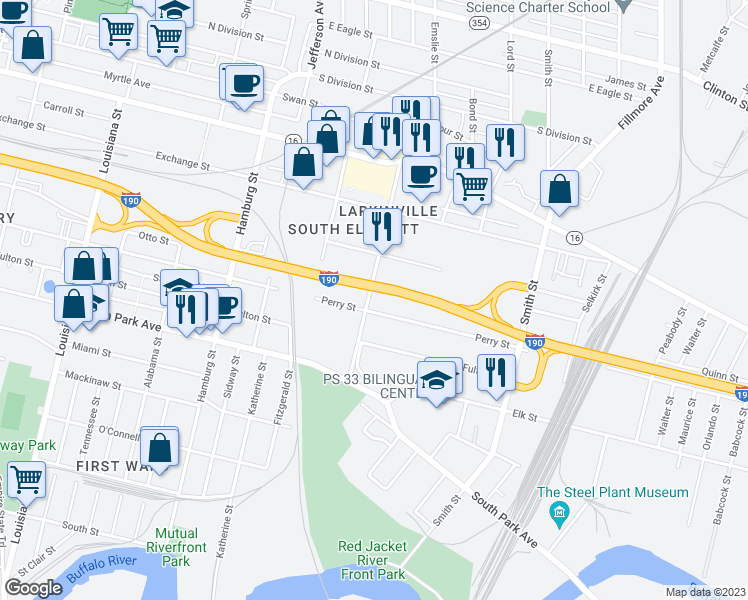 map of restaurants, bars, coffee shops, grocery stores, and more near 81 Van Rensselaer Street in Buffalo