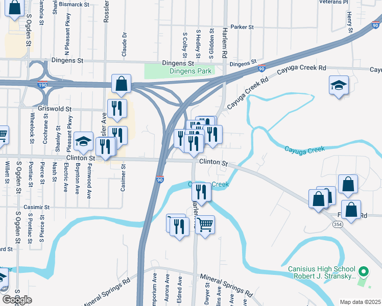 map of restaurants, bars, coffee shops, grocery stores, and more near in Cheektowaga