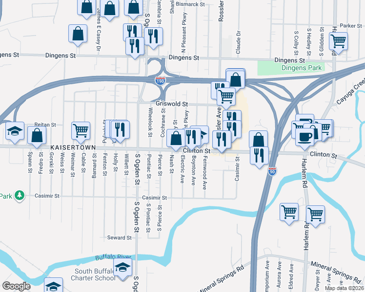 map of restaurants, bars, coffee shops, grocery stores, and more near 2116 Clinton Street in Cheektowaga