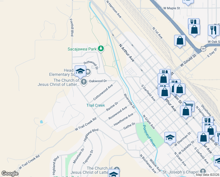 map of restaurants, bars, coffee shops, grocery stores, and more near 68 Maplewood Avenue in Pocatello
