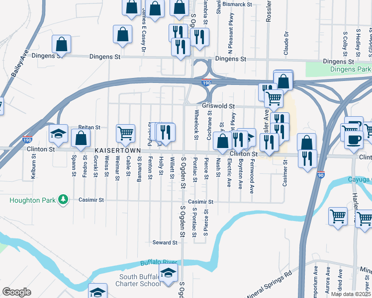 map of restaurants, bars, coffee shops, grocery stores, and more near 1999 Clinton Street in Buffalo