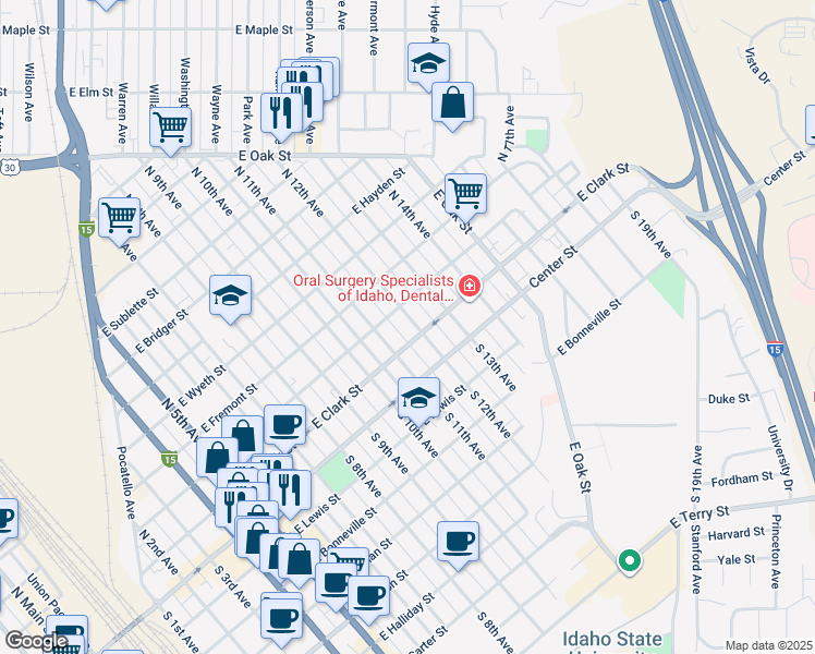 map of restaurants, bars, coffee shops, grocery stores, and more near 223 North 12th Avenue in Pocatello