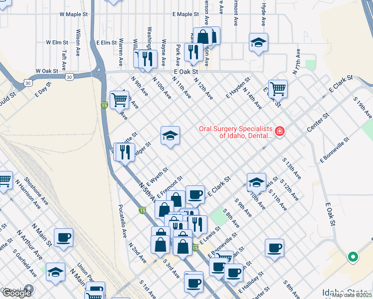 map of restaurants, bars, coffee shops, grocery stores, and more near 938 East Wyeth Street in Pocatello