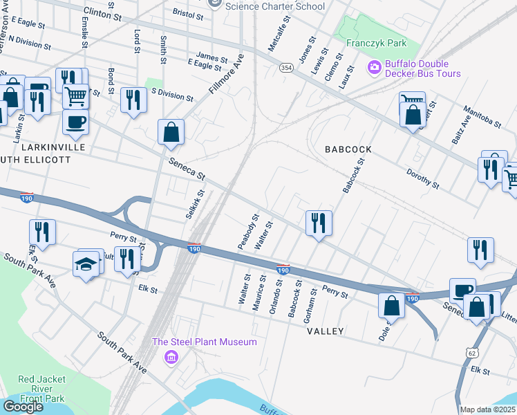 map of restaurants, bars, coffee shops, grocery stores, and more near 1953 Seneca Street in Buffalo