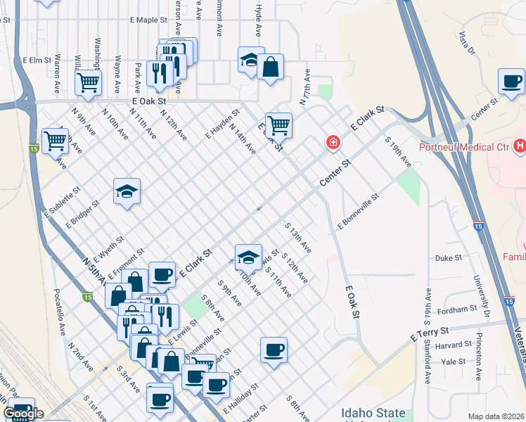 map of restaurants, bars, coffee shops, grocery stores, and more near 145 North 12th Avenue in Pocatello