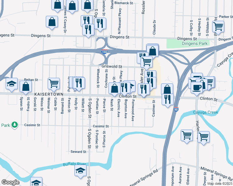 map of restaurants, bars, coffee shops, grocery stores, and more near 2115 Clinton Street in Buffalo