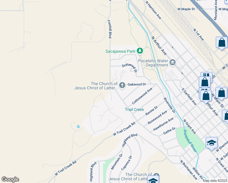 map of restaurants, bars, coffee shops, grocery stores, and more near 555 Foothill Boulevard in Pocatello