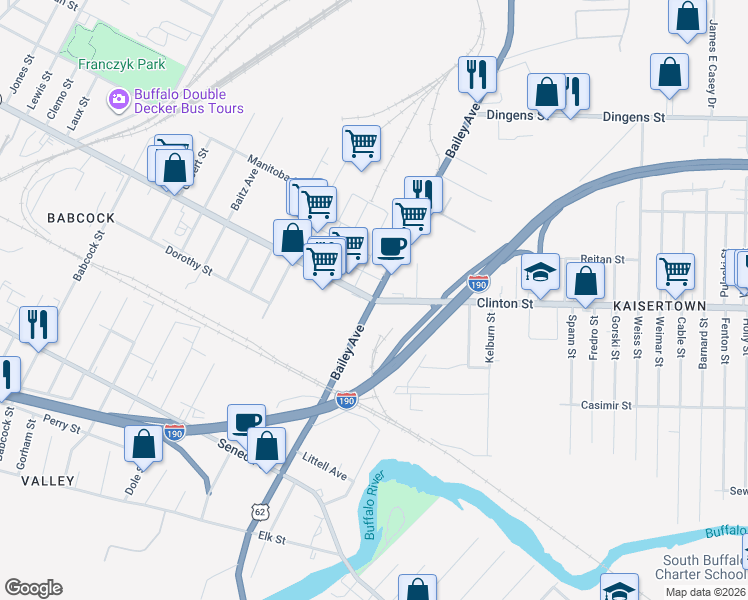 map of restaurants, bars, coffee shops, grocery stores, and more near Bailey Avenue & Clinton Street in Buffalo