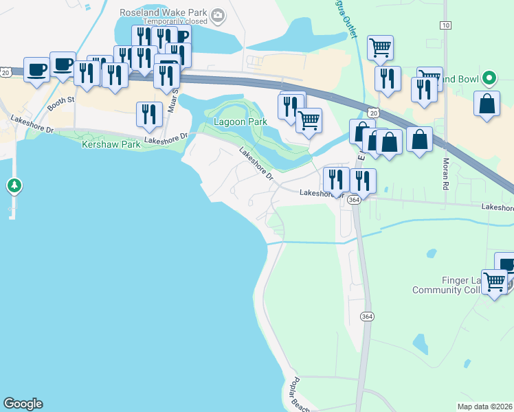 map of restaurants, bars, coffee shops, grocery stores, and more near 255 Roseland Lane in Canandaigua